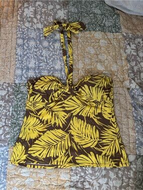 Island Escape Yellow and Brown Leaf-Print Halter Tankini Top
